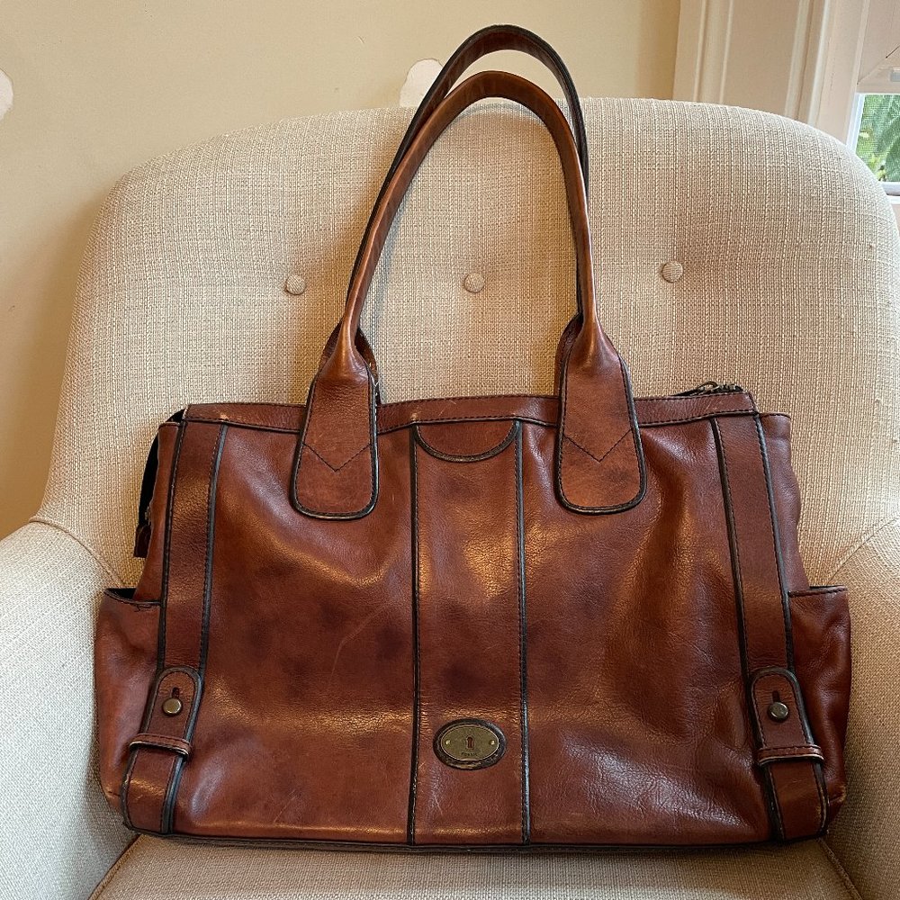 Fossil brown leather laptop bag